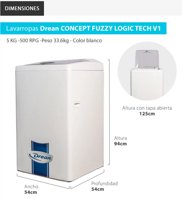 LAVARROPAS 5 KG AUT. C/SUP. CONCEPT FUZZY LOGIC TECH V1 DREAN