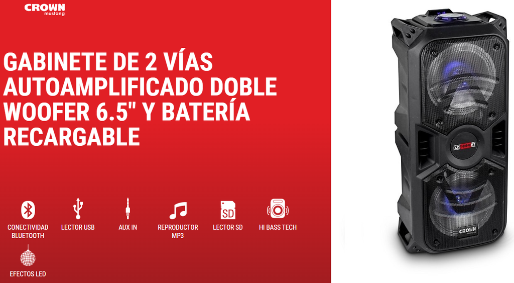 BAFLE AMPLIFICADO 6.5" BLUETOOTH - LED - FM - BATERIA DJS-1000BT CROWN MUSTANG