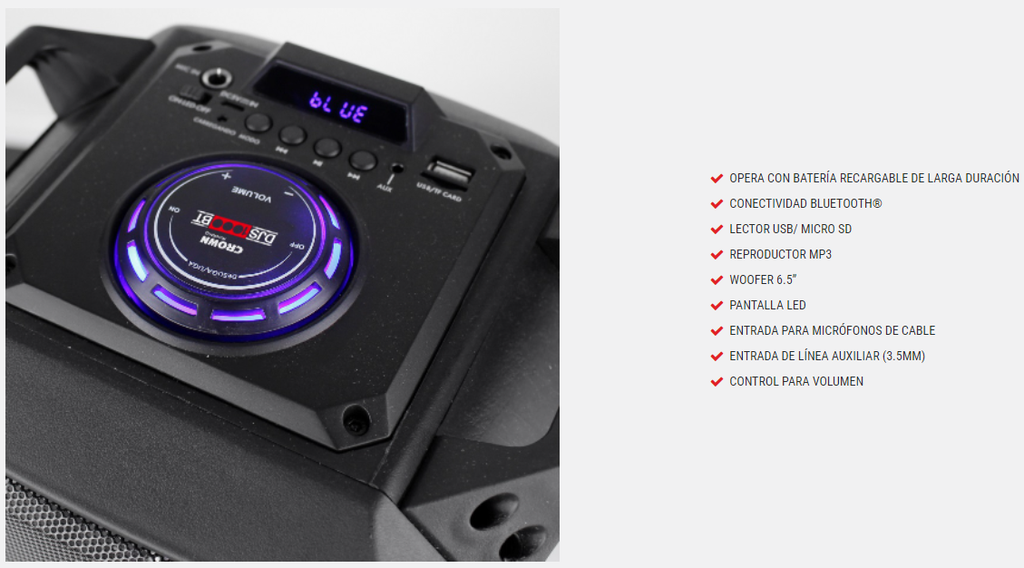 BAFLE AMPLIFICADO 6.5" BLUETOOTH - LED - FM - BATERIA DJS-1000BT CROWN MUSTANG