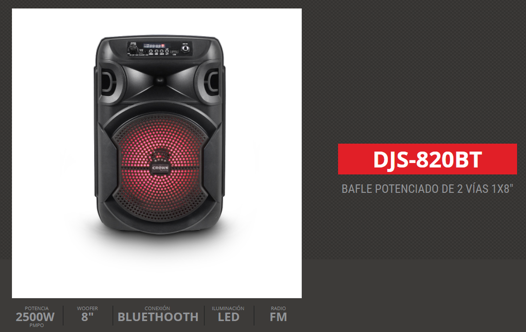 BAFLE POTENCIADO 4 VIAS WOOFER 8" MP3/USB/FM DJS-820BT CROWN MUSTANG 