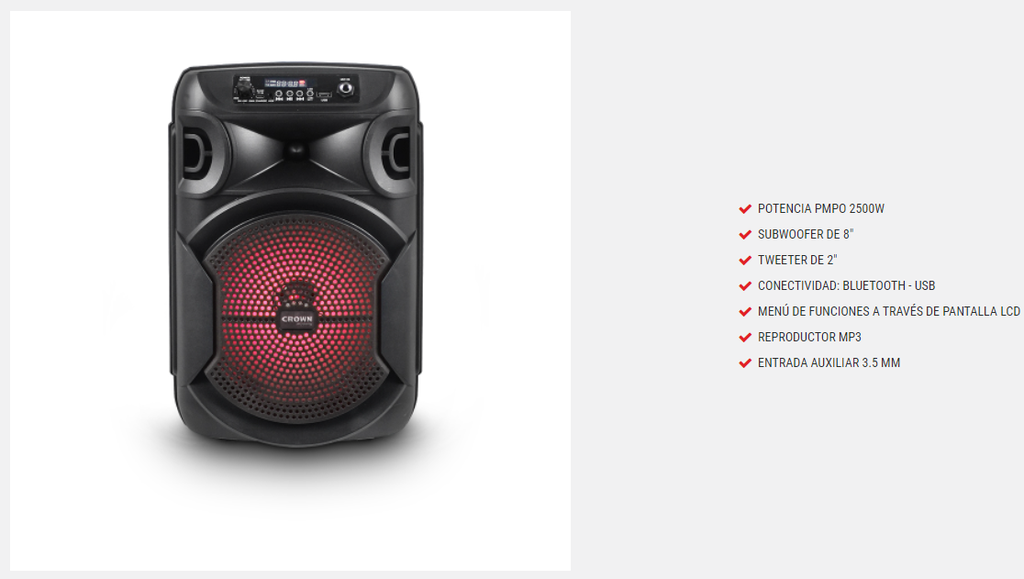 BAFLE POTENCIADO 4 VIAS WOOFER 8" MP3/USB/FM DJS-820BT CROWN MUSTANG 